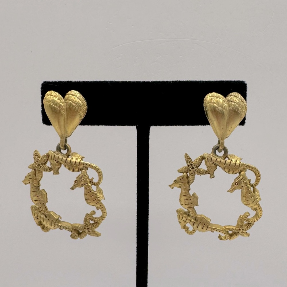 VINTAGE Brushed Gold Sea Life Dangle Hoop Earrings